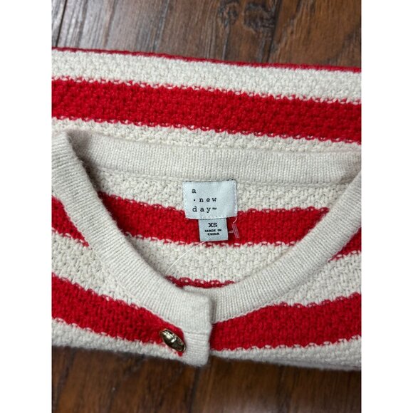 A New Day Womens XS Red White Striped Knit Cardigan Sweater Gold Button Pockets - Picture 5 of 9